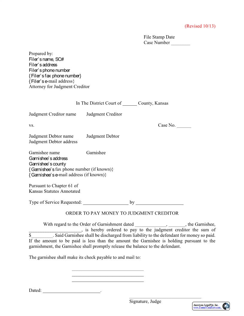 Order To Pay Money To Judgment Creditor | Pdf Fpdf Docx | Kansas