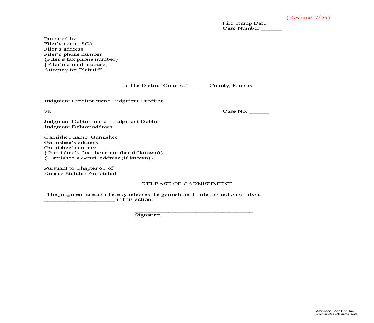 Release Of Garnishment | Pdf Fpdf Doc Docx | Kansas