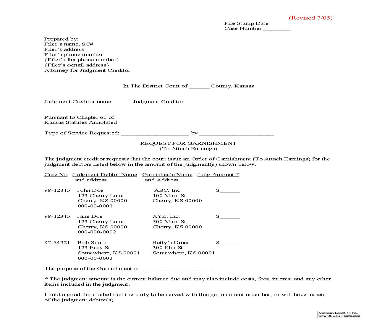 Request For Garnishment (To Attach Earnings) | Pdf Fpdf Doc Docx | Kansas