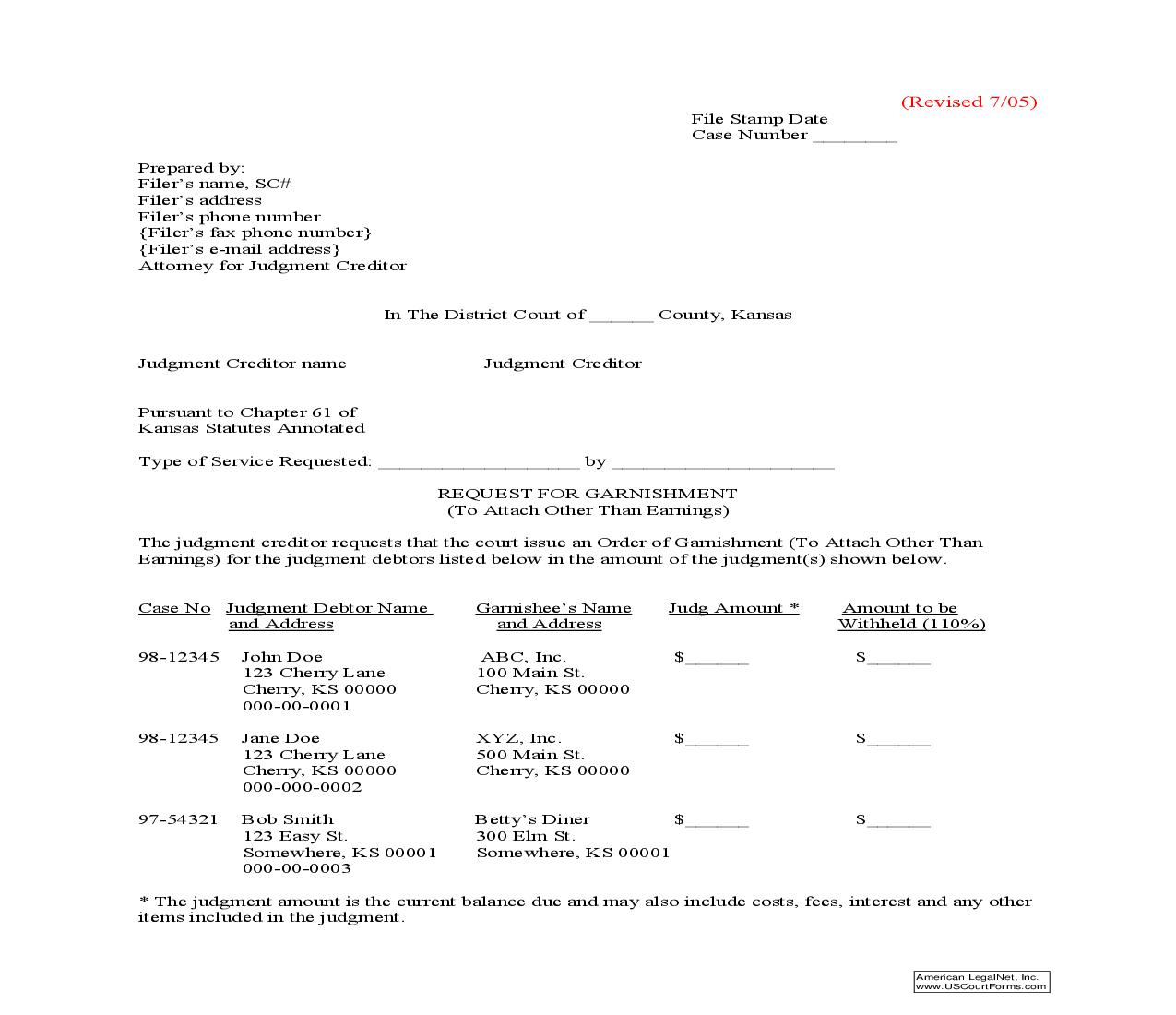 Request For Garnishment (To Attach Other Than Earnings) | Pdf Fpdf Doc Docx | Kansas