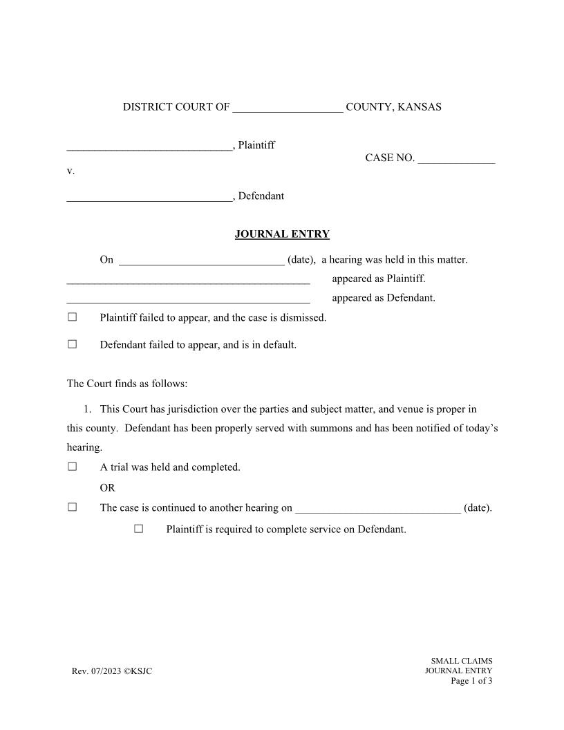 Ch. 61 Small Claims Journal Entry | Pdf Fpdf Docx | Kansas