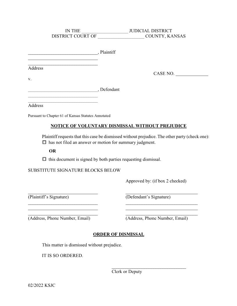 Notice of Dismissal Without Prejudice | Pdf Fpdf Docx | Kansas