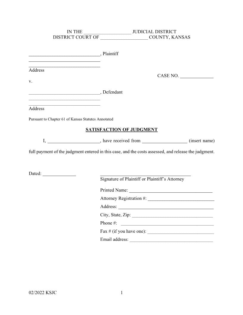 Satisfaction Of Judgment | Pdf Fpdf Doc Docx | Kansas