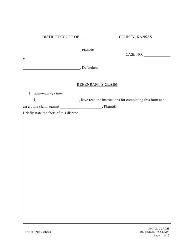 Small Claims Defendant Claim | Pdf Fpdf Docx | Kansas