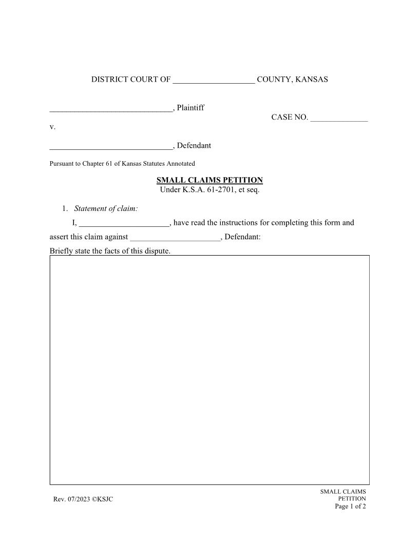 Small Claims Petition | Pdf Fpdf Docx | Kansas