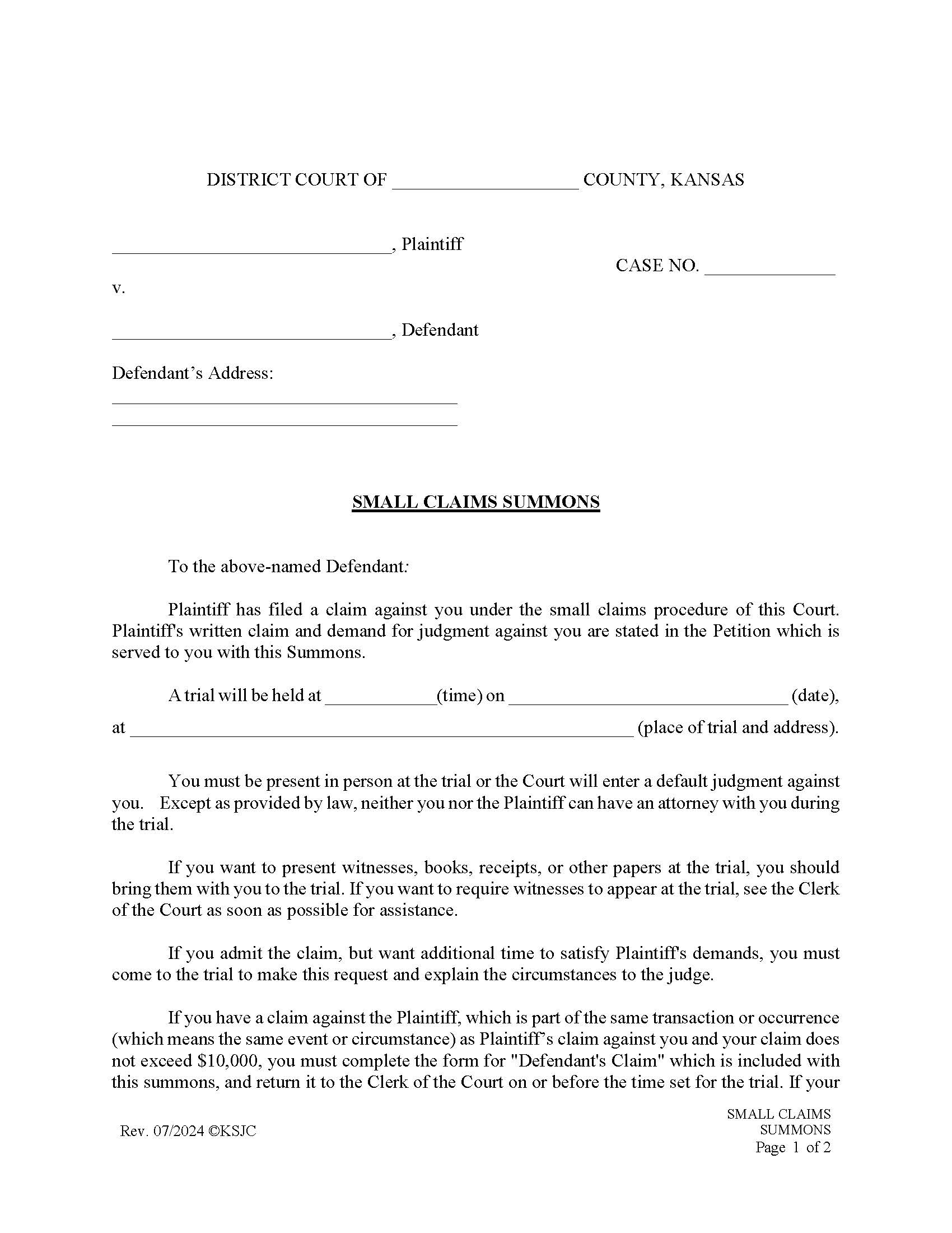 Small Claims Summons | Pdf Fpdf Docx | Kansas