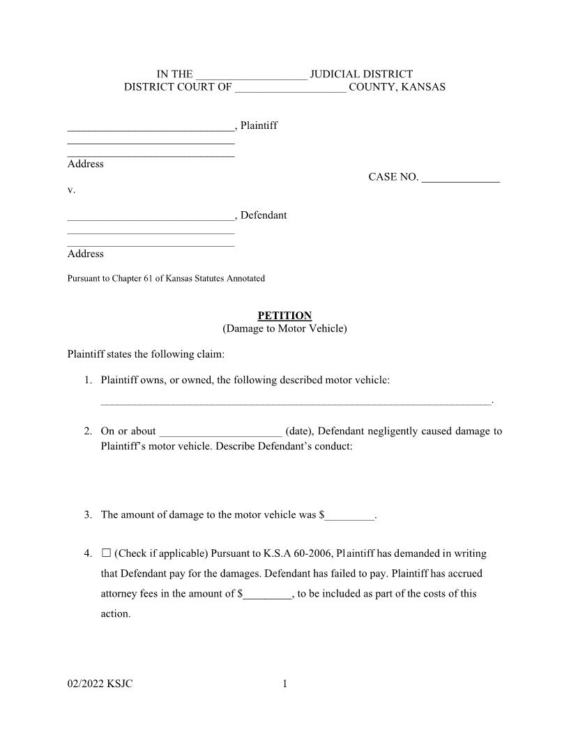 Petition (Damage to Motor Vehicle) | Pdf Fpdf Docx | Kansas