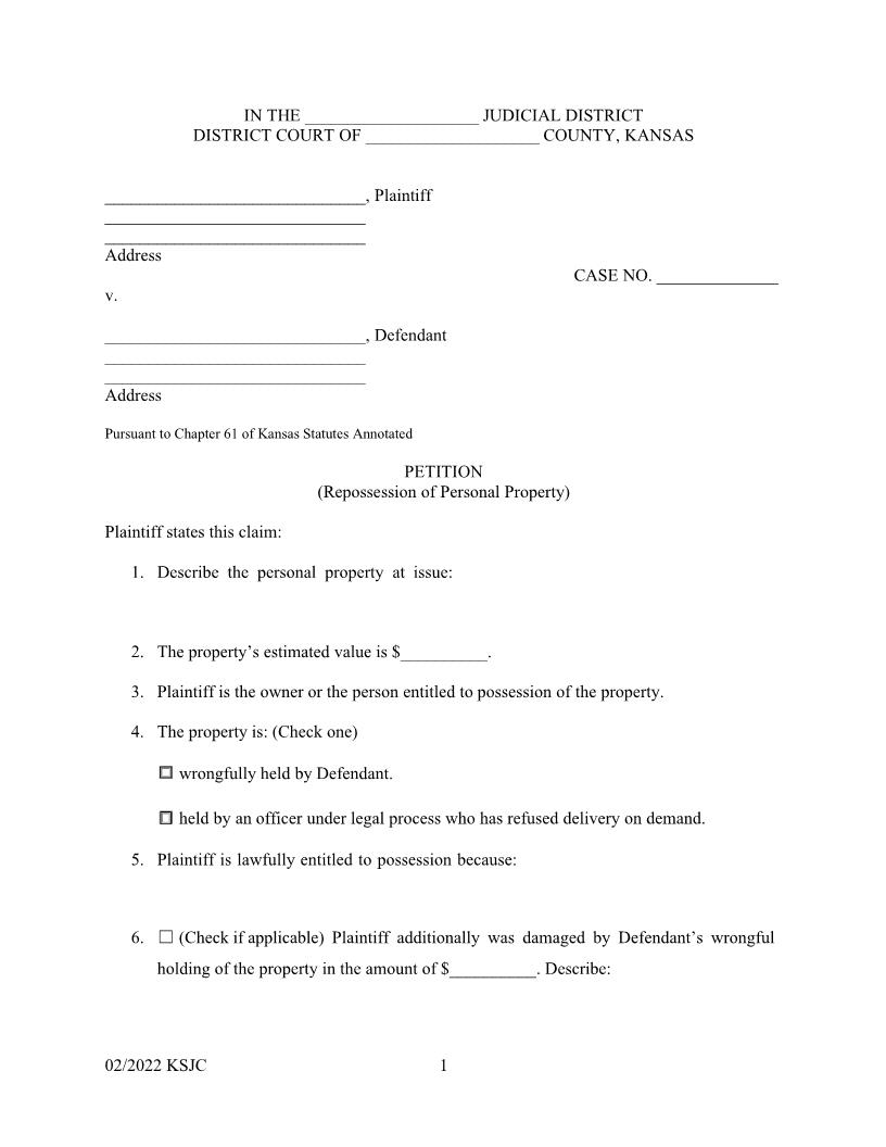 Petition (Repossession of Personal Property) | Pdf Fpdf Docx | Kansas