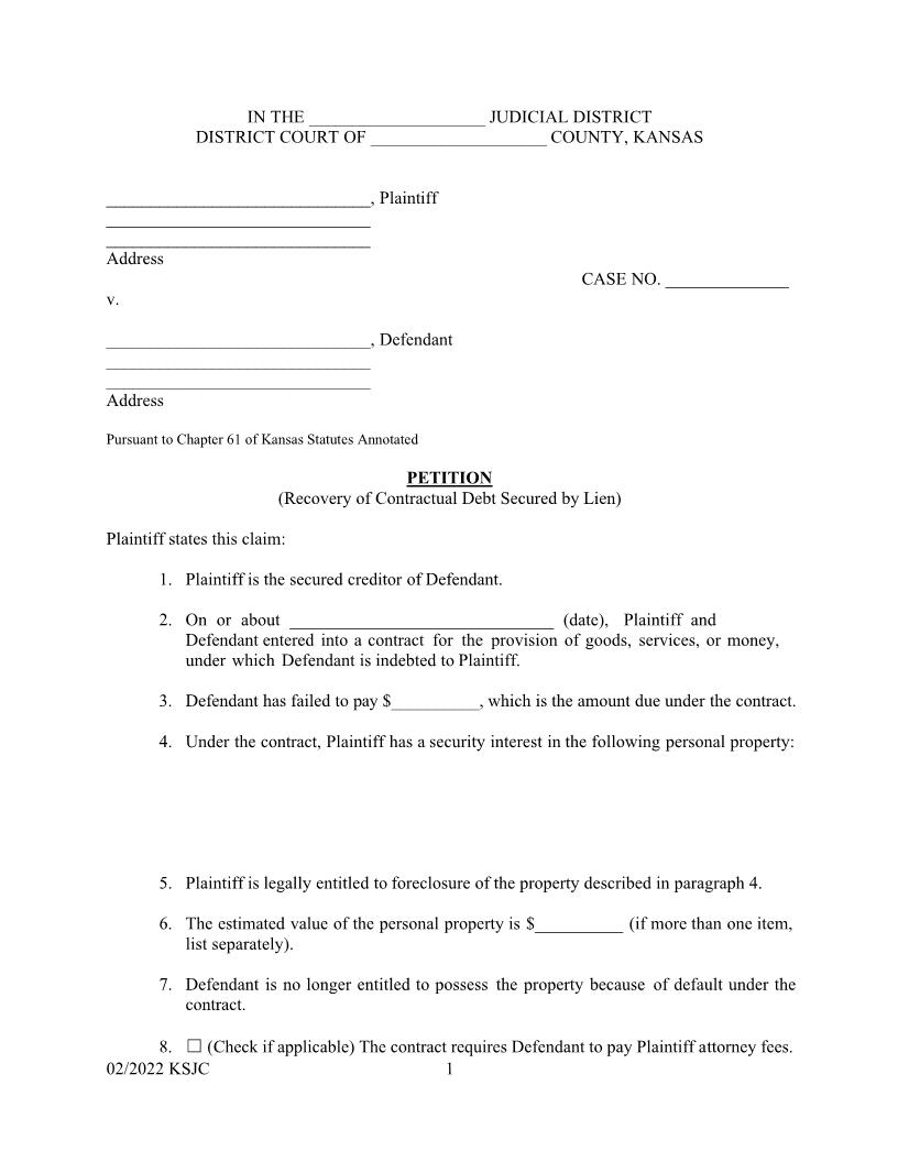Petition (Secured Contractual Debt) | Pdf Fpdf Docx | Kansas