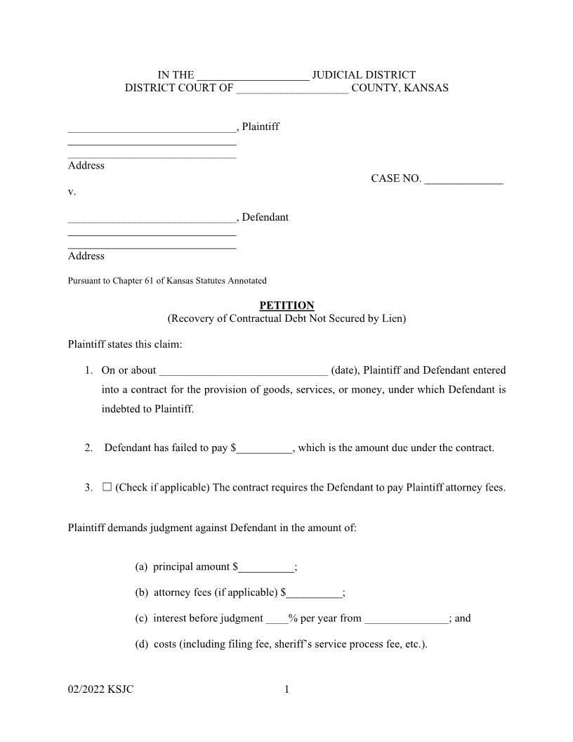 Petition (Unsecured Contractual Debt) | Pdf Fpdf Docx | Kansas