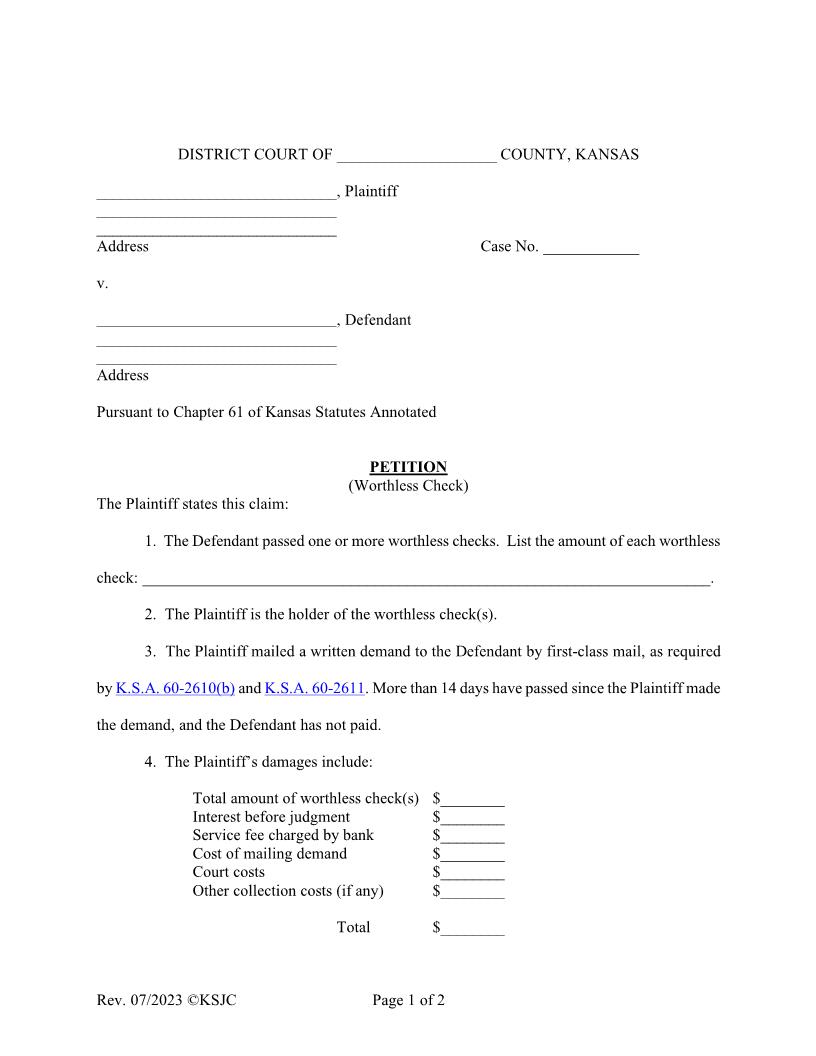Petition (Worthless Check) | Pdf Fpdf Doc Docx | Kansas