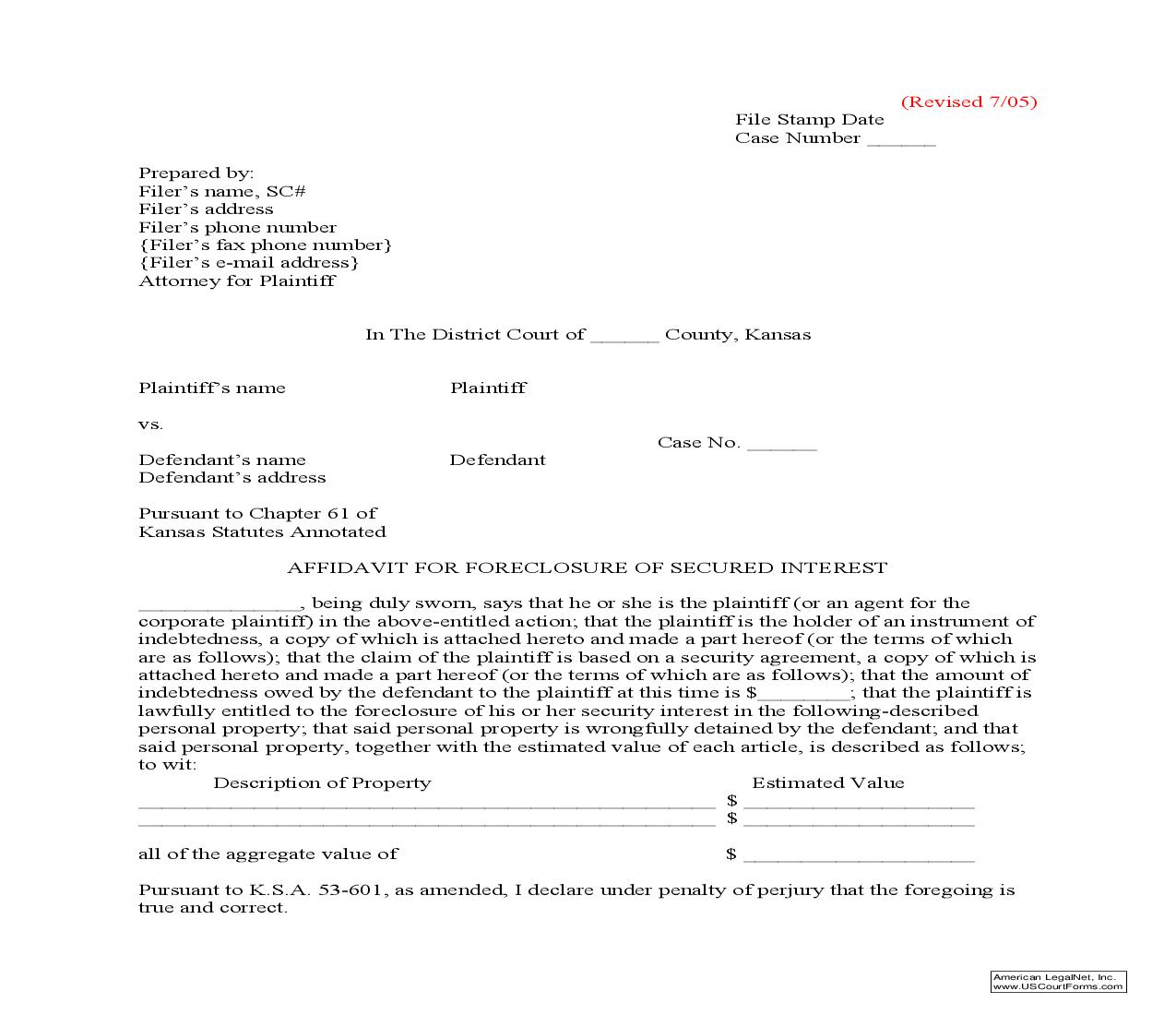 Affidavit For Foreclsoure Of Secured Interest | Pdf Fpdf Doc Docx | Kansas