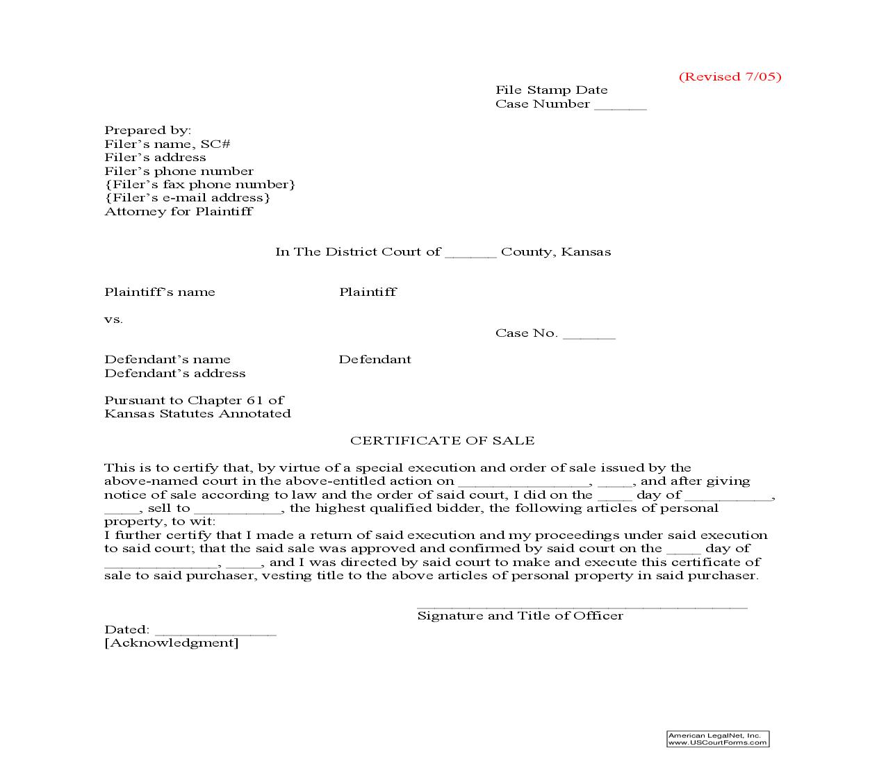 Certificate Of Sale | Pdf Fpdf Doc Docx | Kansas