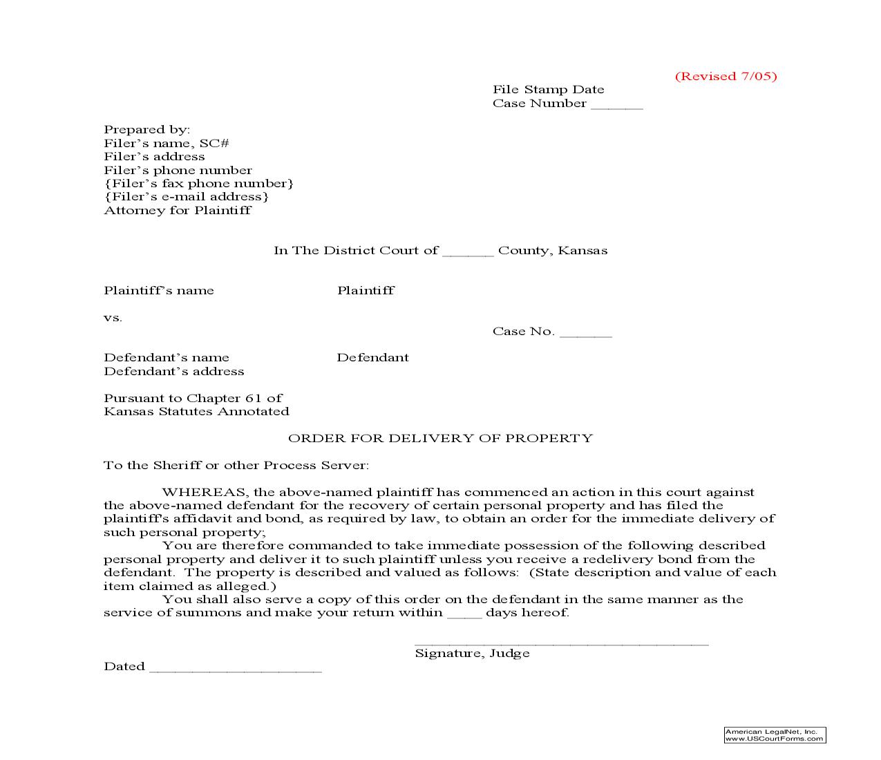 Order For Delivery Of Property | Pdf Fpdf Doc Docx | Kansas