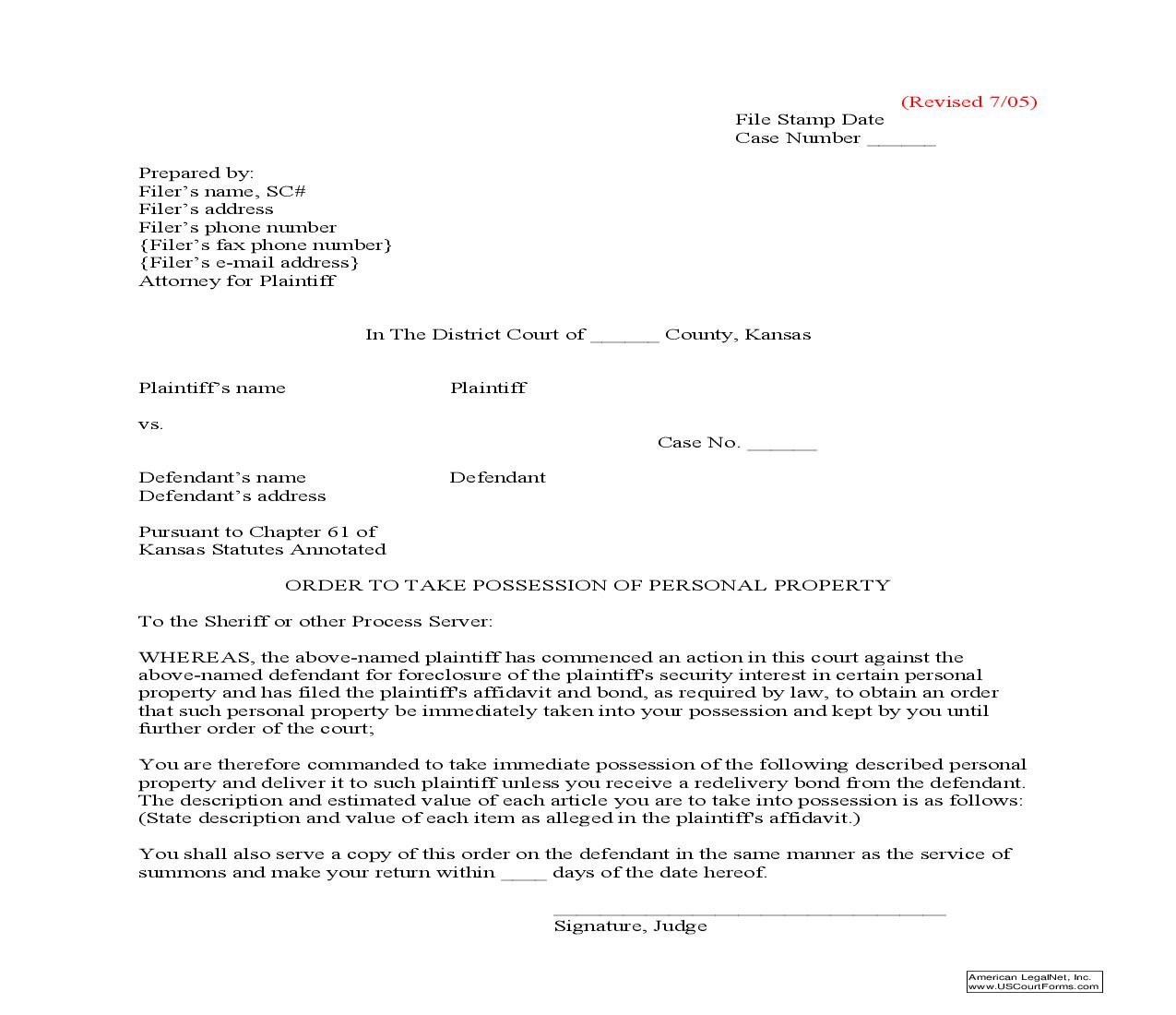 Order To Take Possession Of Personal Property | Pdf Fpdf Doc Docx | Kansas