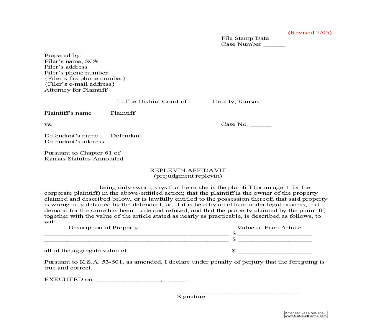 Replevin Affidavit (Prejudgment Replevin) | Pdf Fpdf Doc Docx | Kansas