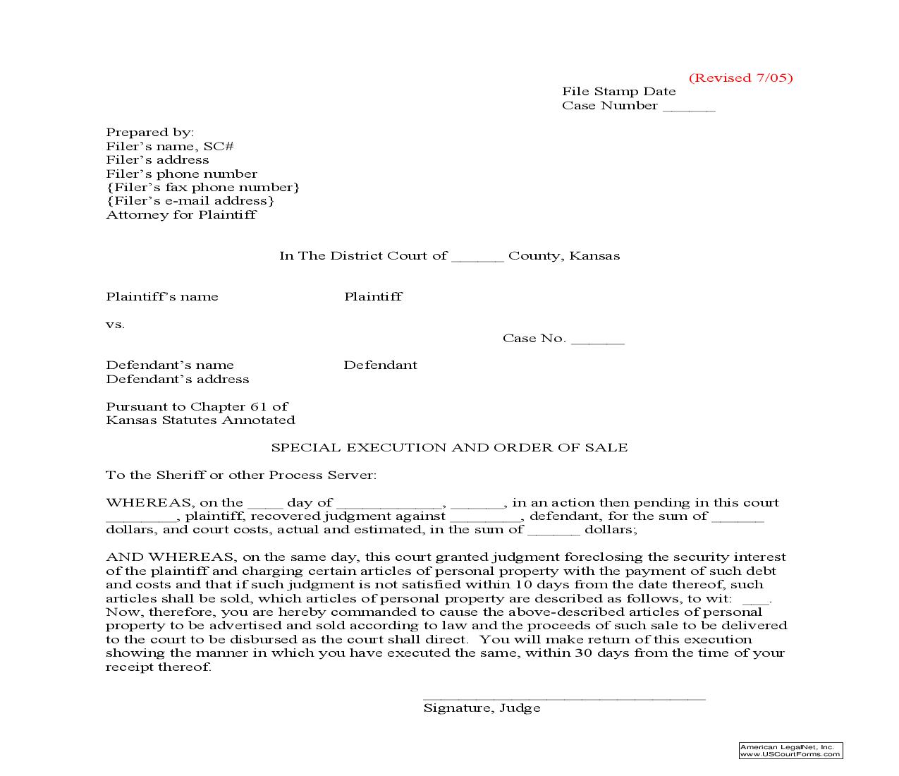 Special Execution And Order Of Sale | Pdf Fpdf Doc Docx | Kansas