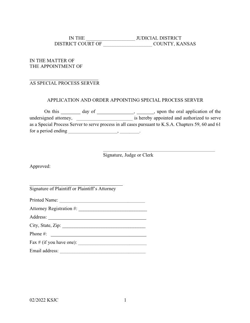 Application And Order Appointing Special Process Server | Pdf Fpdf Doc Docx | Kansas