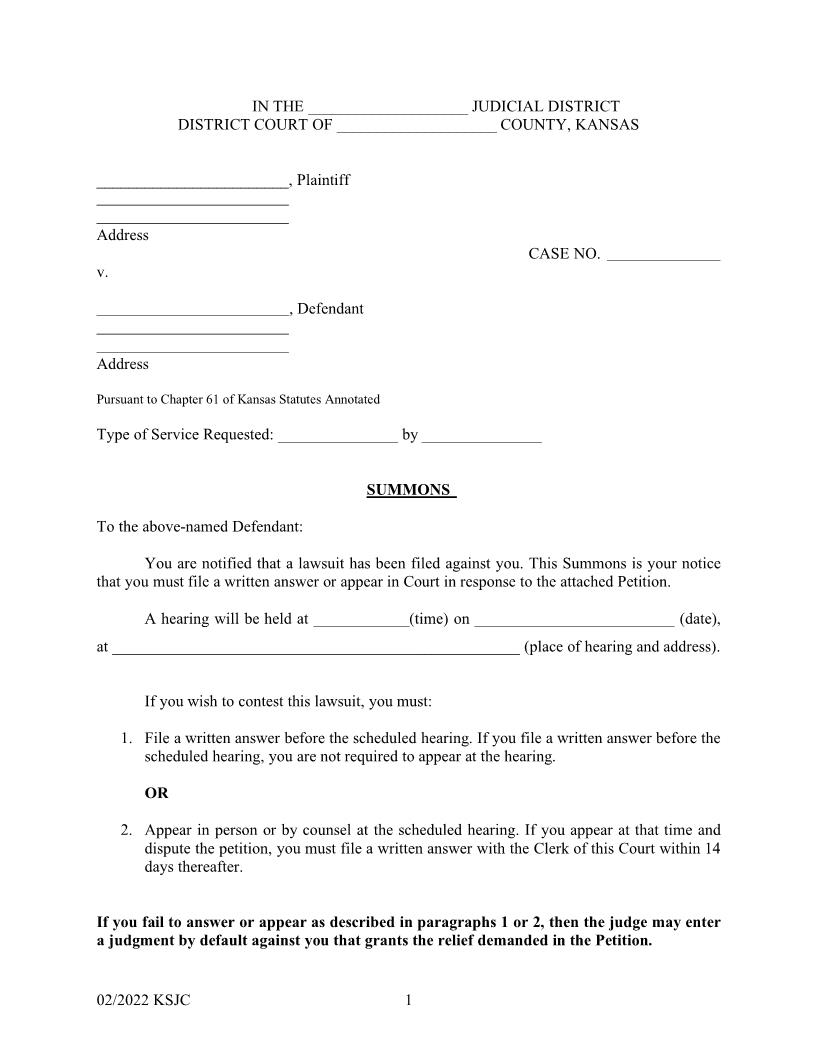 Summons | Pdf Fpdf Doc Docx | Kansas