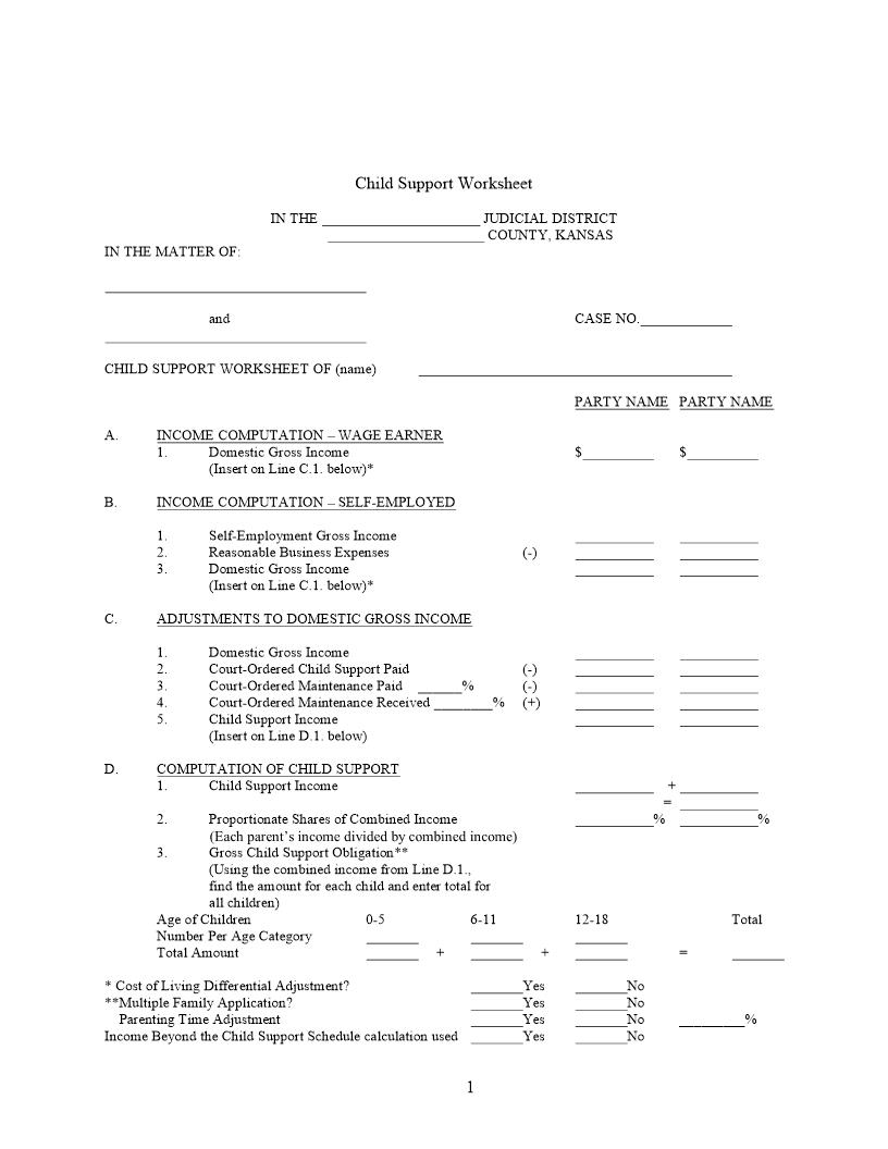 Child Support Worksheet | Pdf Fpdf Docx | Kansas