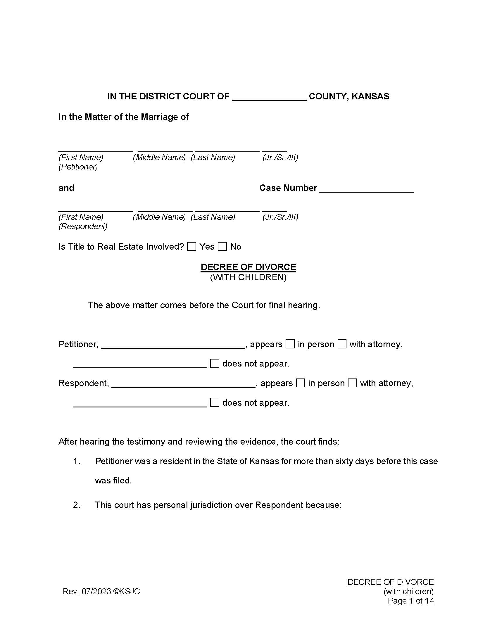 Decree Of Divorce (With Children) | Pdf Fpdf Docx | Kansas
