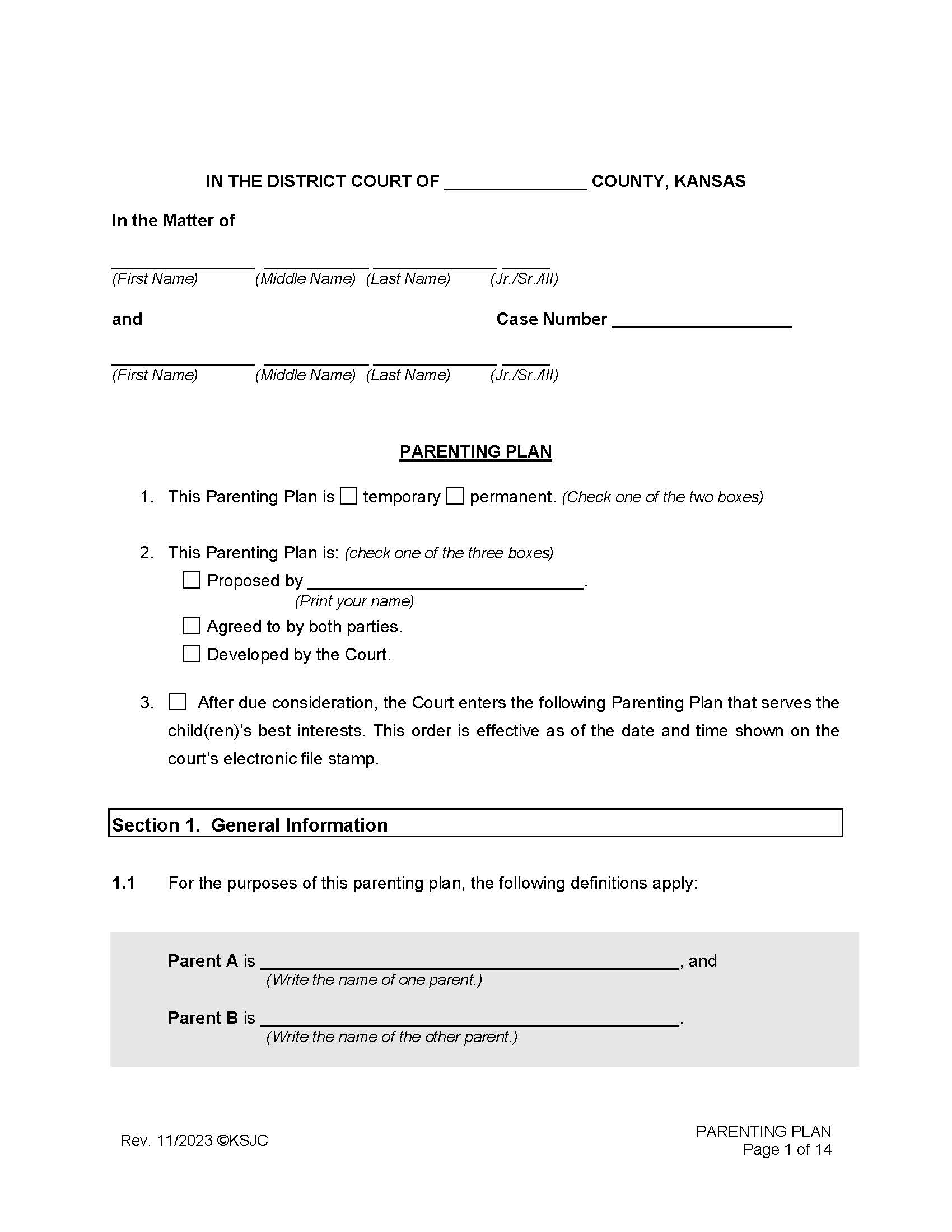 Parenting Plan | Pdf Fpdf Docx | Kansas