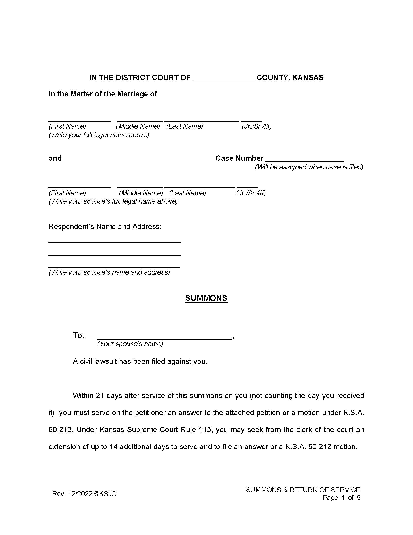 Summons | Pdf Fpdf Docx | Kansas