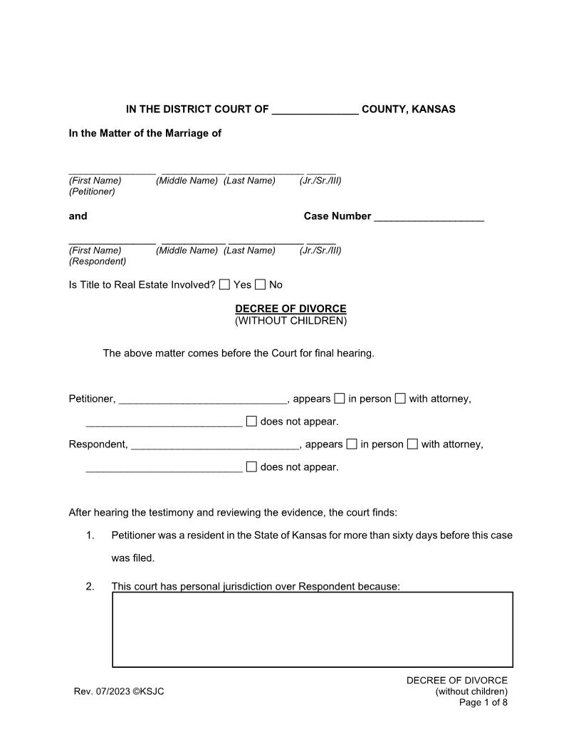 Decree of Divorce (Without Kids) | Pdf Fpdf Docx | Kansas