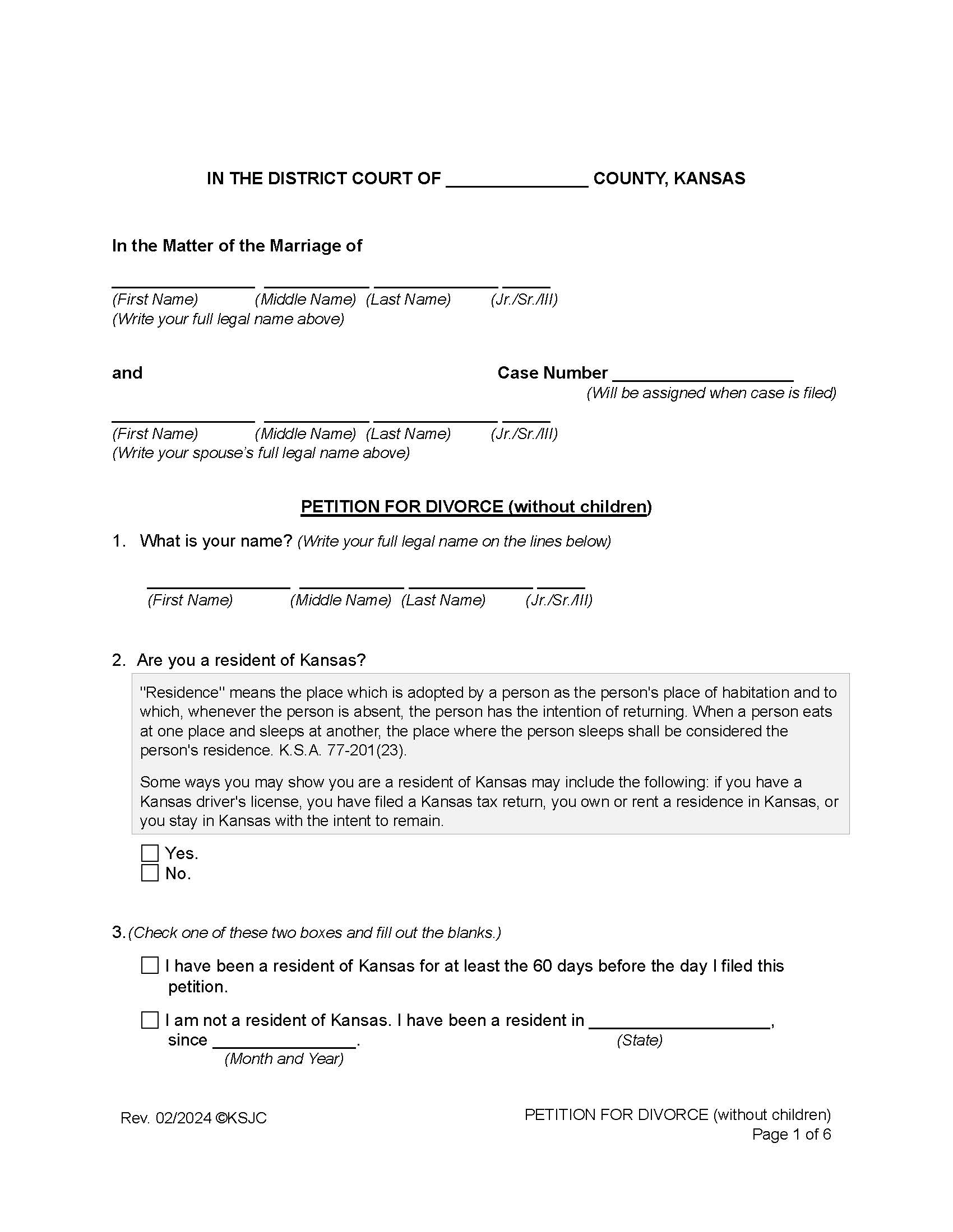 Petition For Divorce Without Children | Pdf Fpdf Docx | Kansas