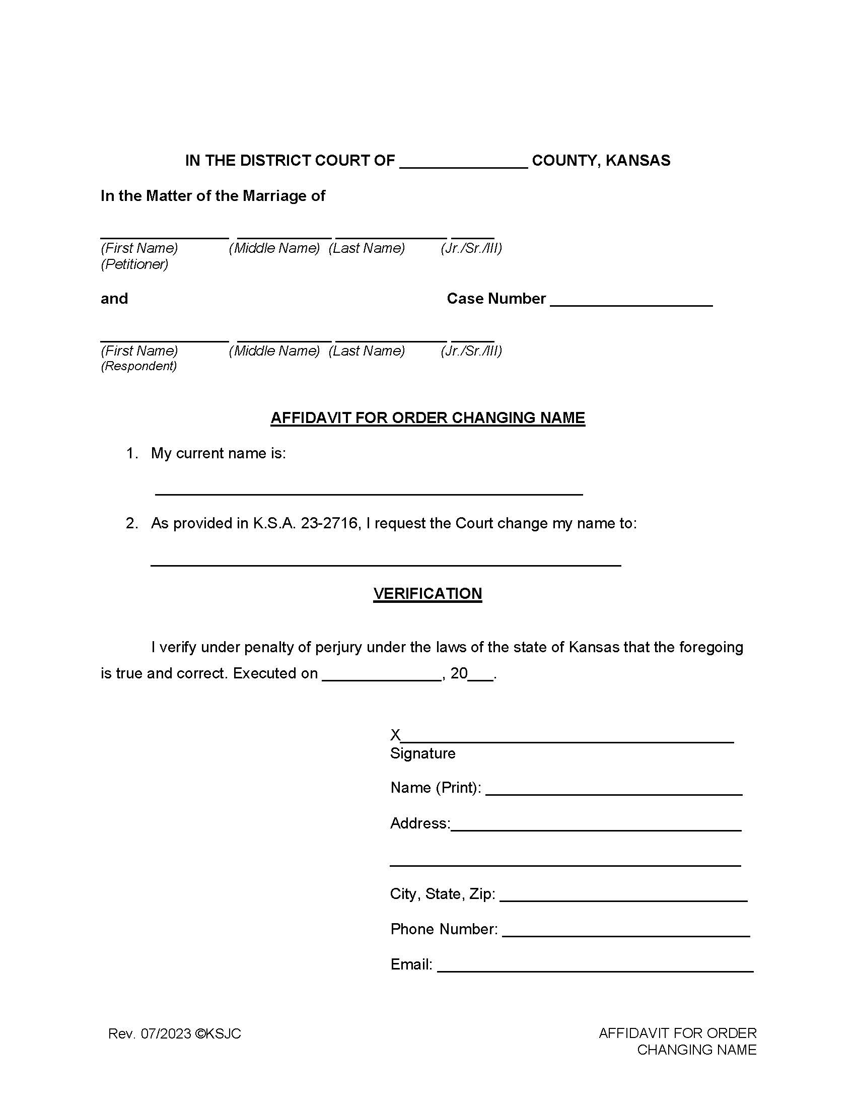 Affidavit For Order Changing Name | Pdf Fpdf Docx | Kansas