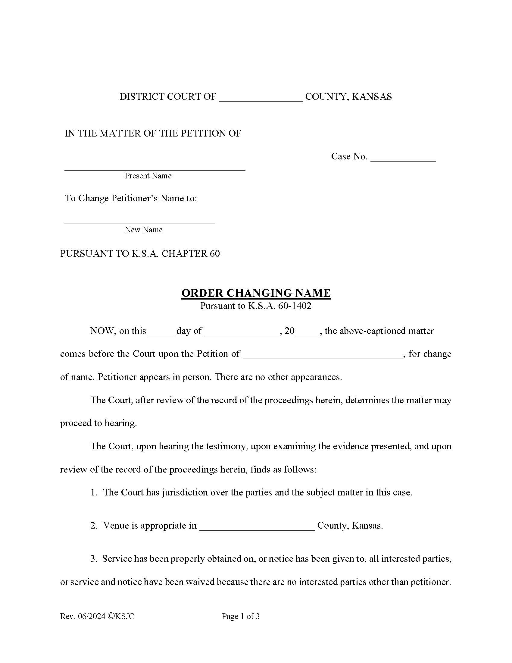 Order for Name Change | Pdf Fpdf Docx | Kansas