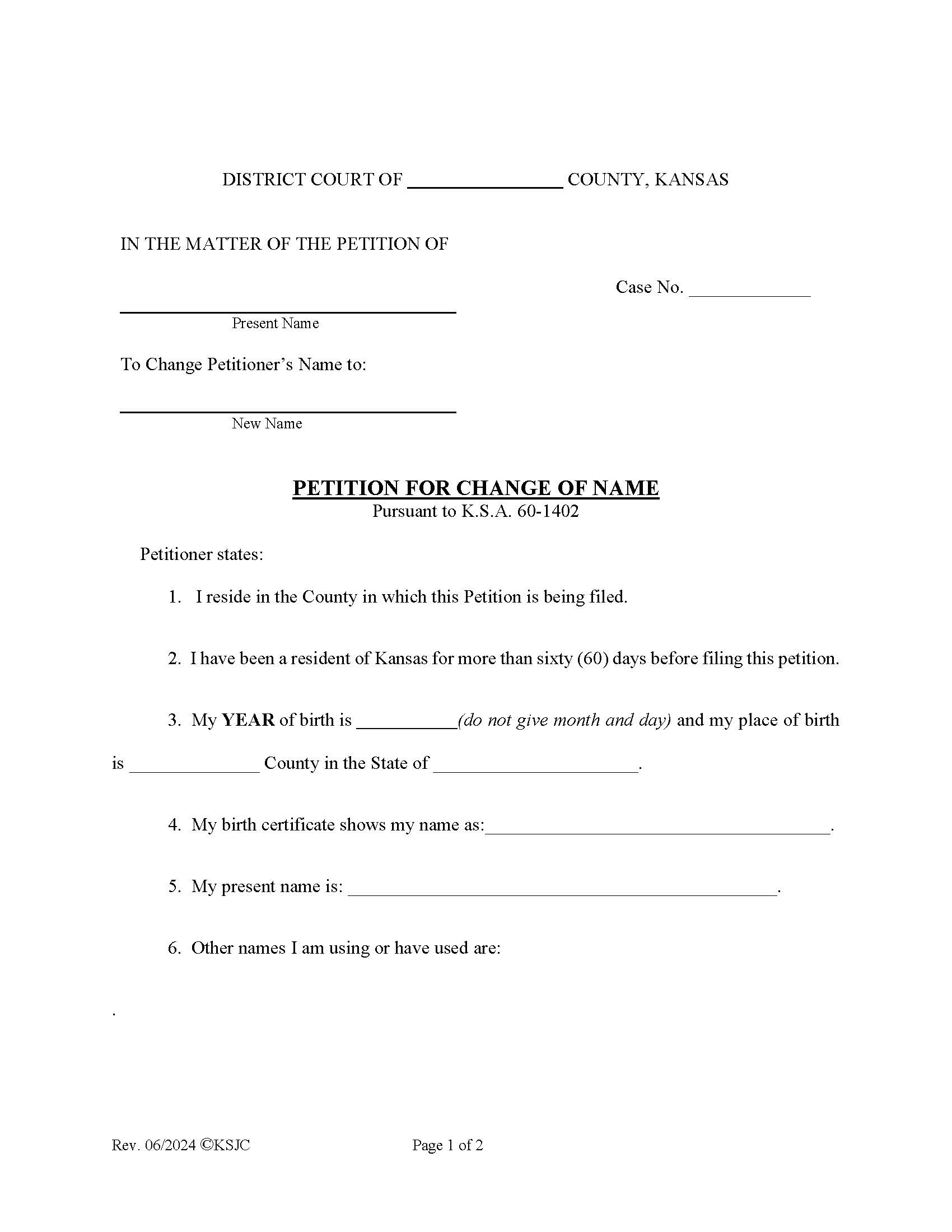 Petition for Name Change | Pdf Fpdf Docx | Kansas