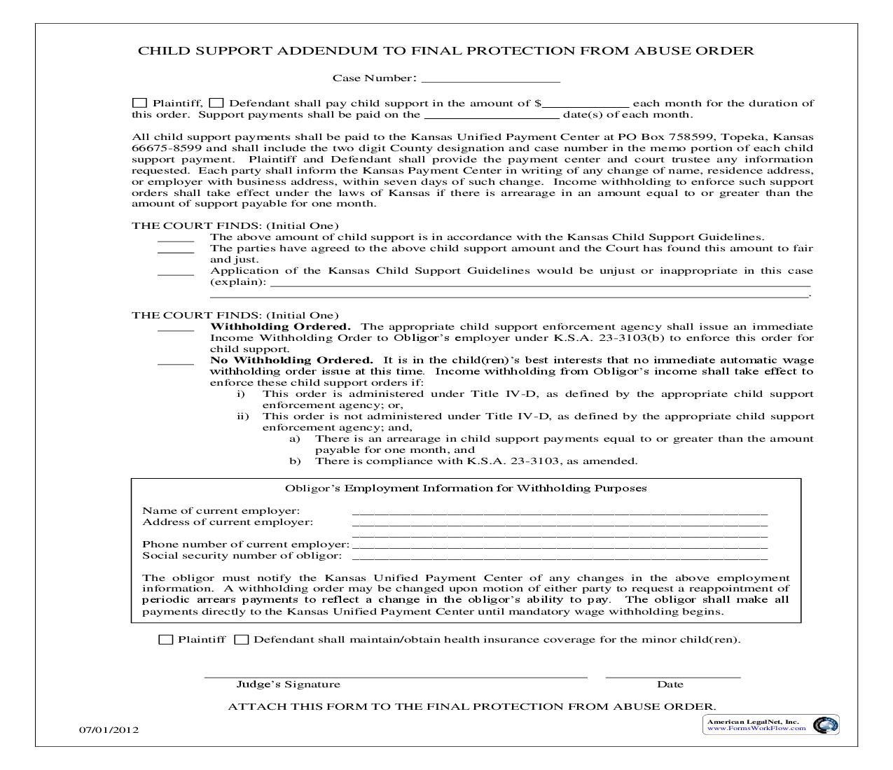 Child Support Addendum To Final Proction From Abuse Order | Pdf Fpdf Doc Docx | Kansas