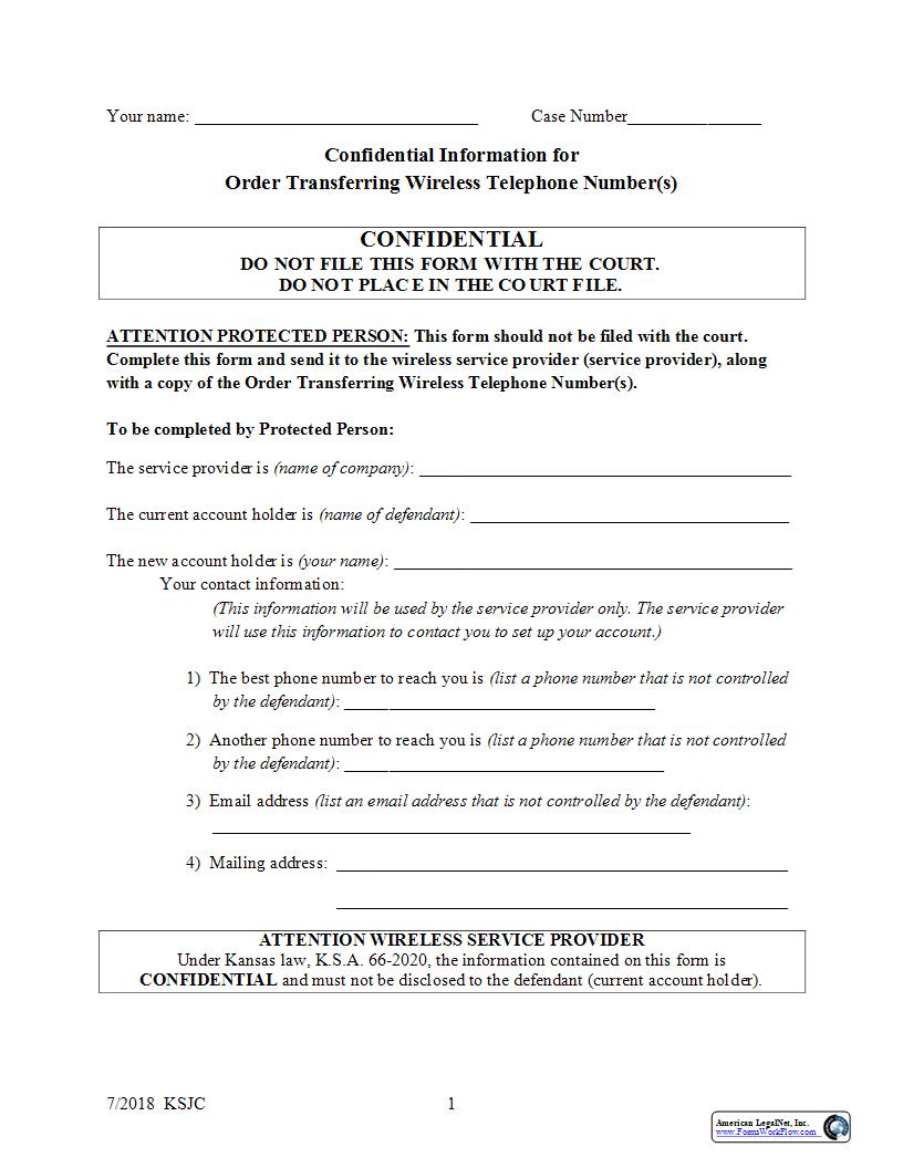 Confidential Information For Order Transferring Wireless Telephone Number | Pdf Fpdf Docx | Kansas