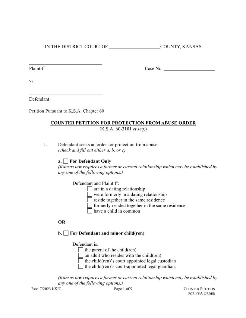 Counter Petition For Protective Order | Pdf Fpdf Docx | Kansas