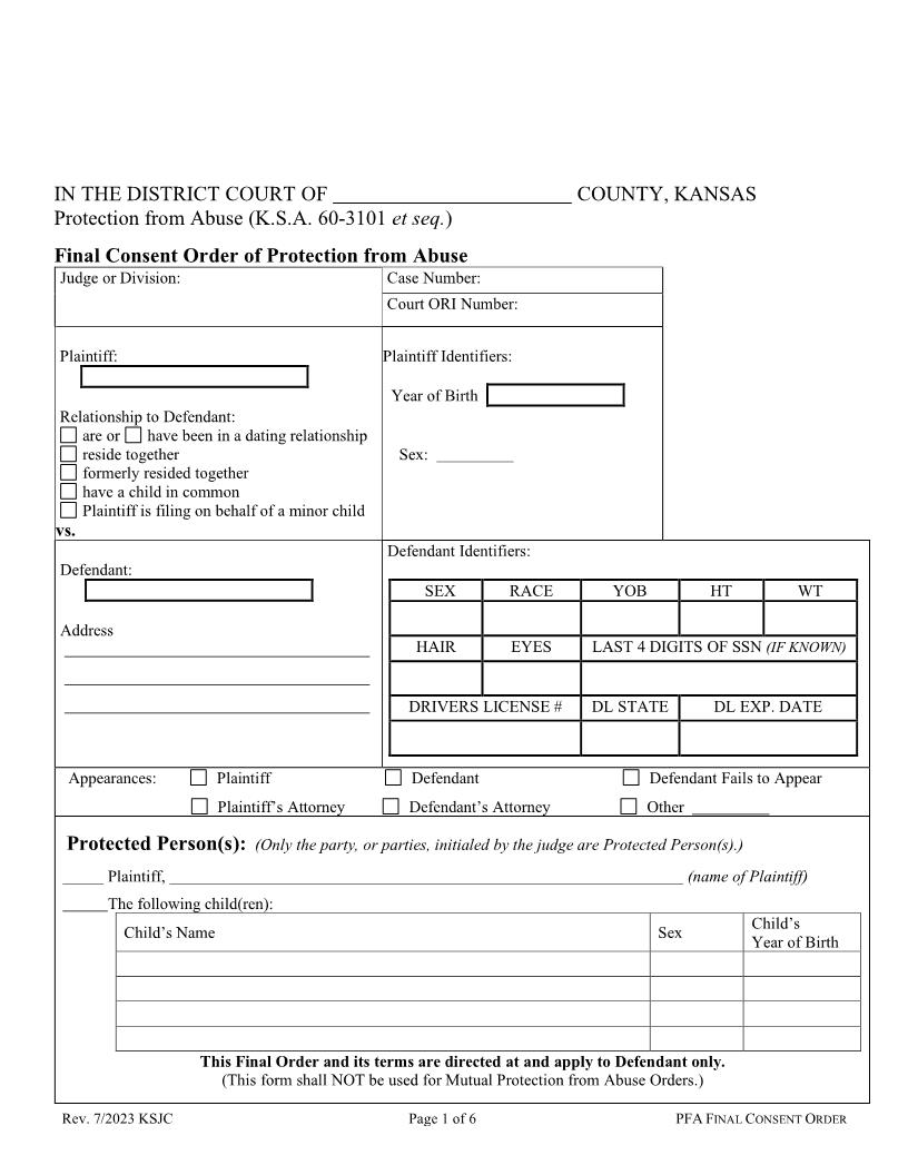Final Consent Order Of Protection from Abuse | Pdf Fpdf Docx | Kansas