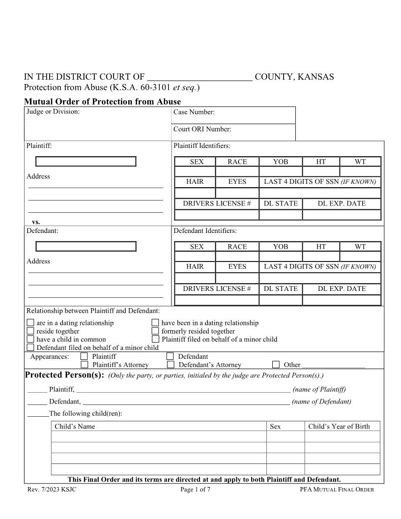 Final Order Protection From Abuse (Mutual Order) | Pdf Fpdf Docx | Kansas