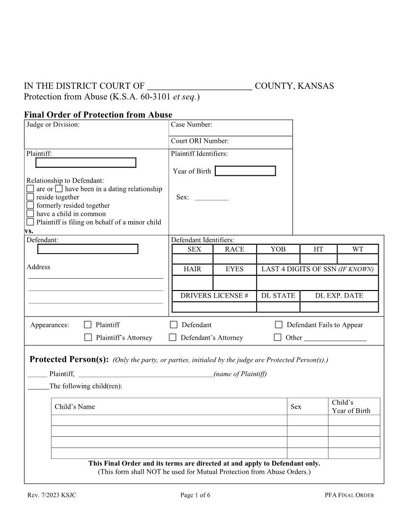 Final Order of Protection From Abuse | Pdf Fpdf Docx | Kansas
