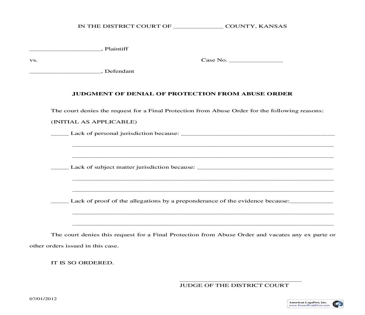 Judgment Of Denial Of Protection From Abuse Order | Pdf Fpdf Doc Docx | Kansas