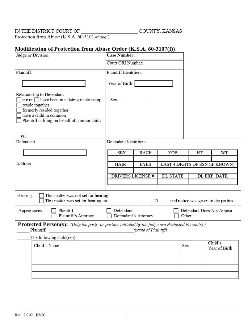 Modification Of Protection From Abuse Order-Final Order | Pdf Fpdf Doc Docx | Kansas