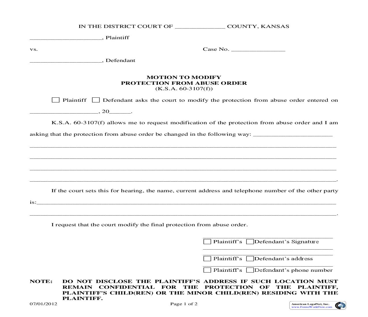 Motion To Modify Protection From Abuse Order | Pdf Fpdf Doc Docx | Kansas