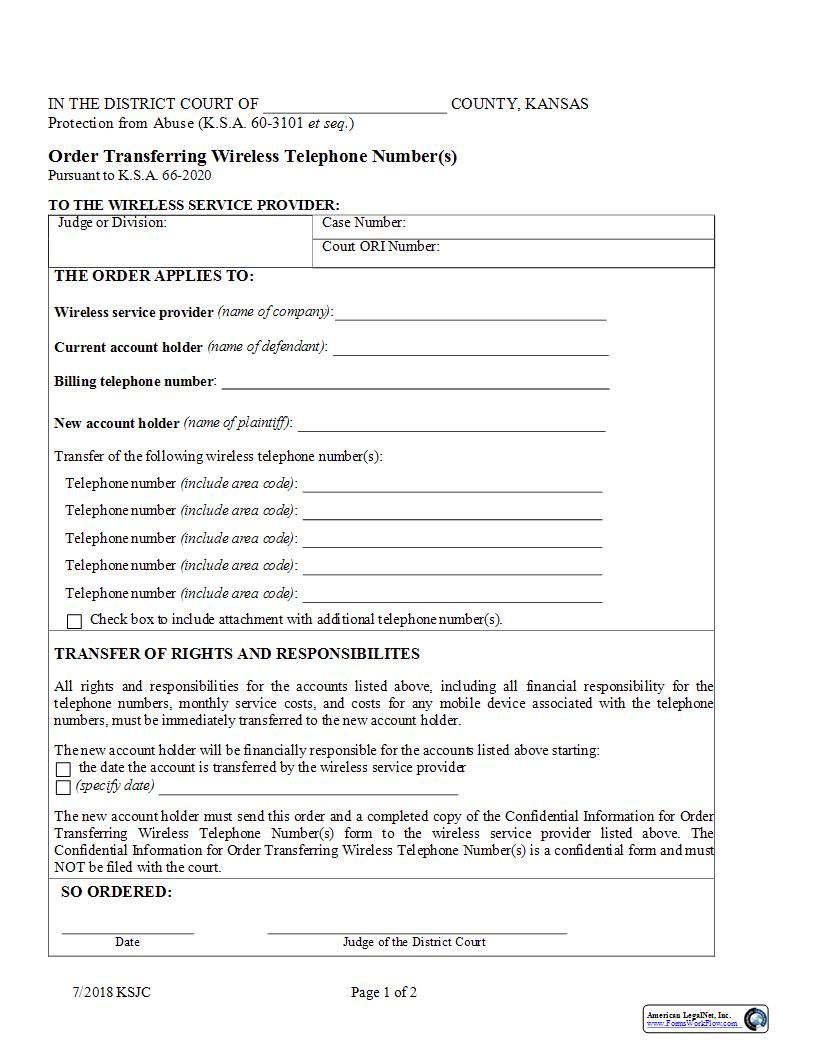Order Transferring Wireless Phone Number | Pdf Fpdf Docx | Kansas