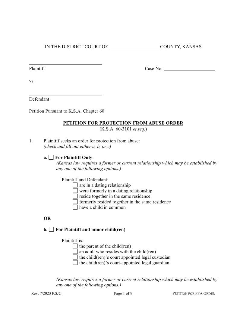 Petition For Protection From Abuse Order | Pdf Fpdf Docx | Kansas