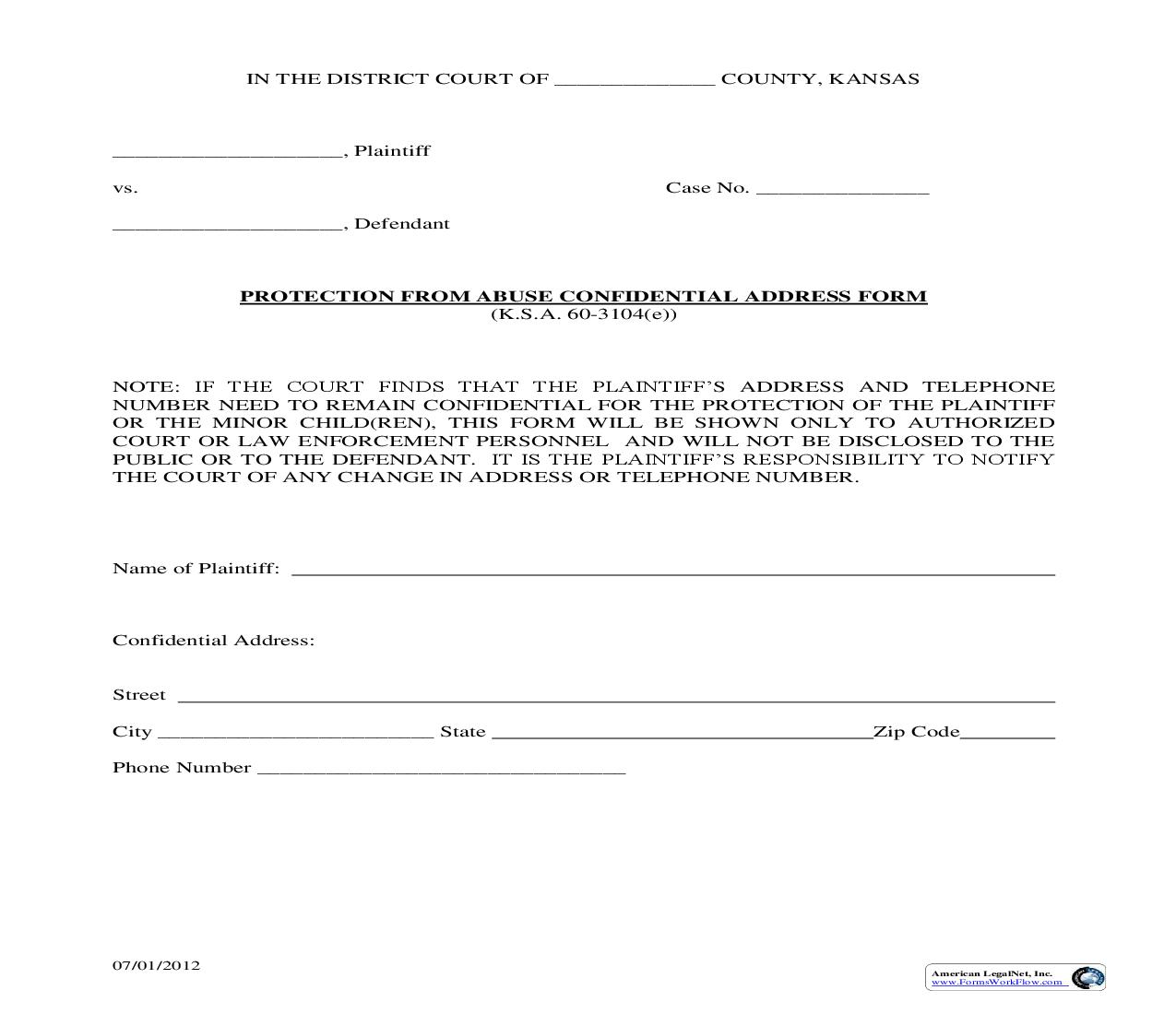 Protection From Abuse Confidential Form | Pdf Fpdf Doc Docx | Kansas
