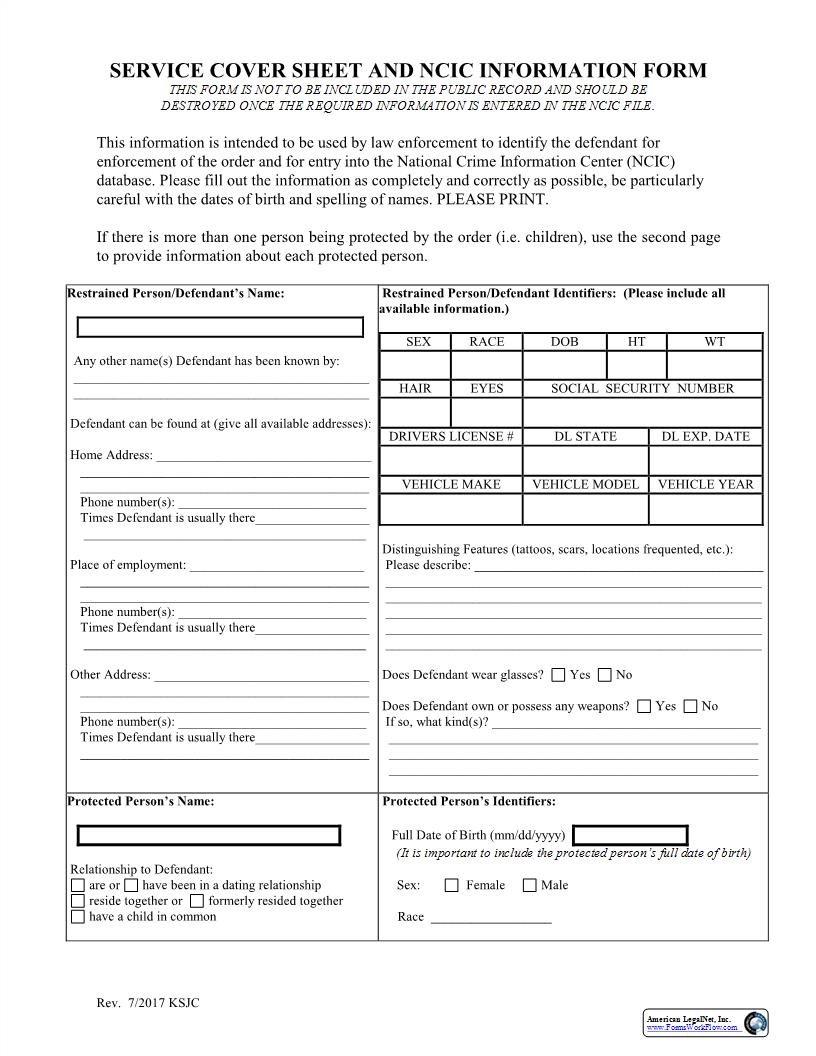 Service Cover Sheet And NCIC Information Form | Pdf Fpdf Docx | Kansas