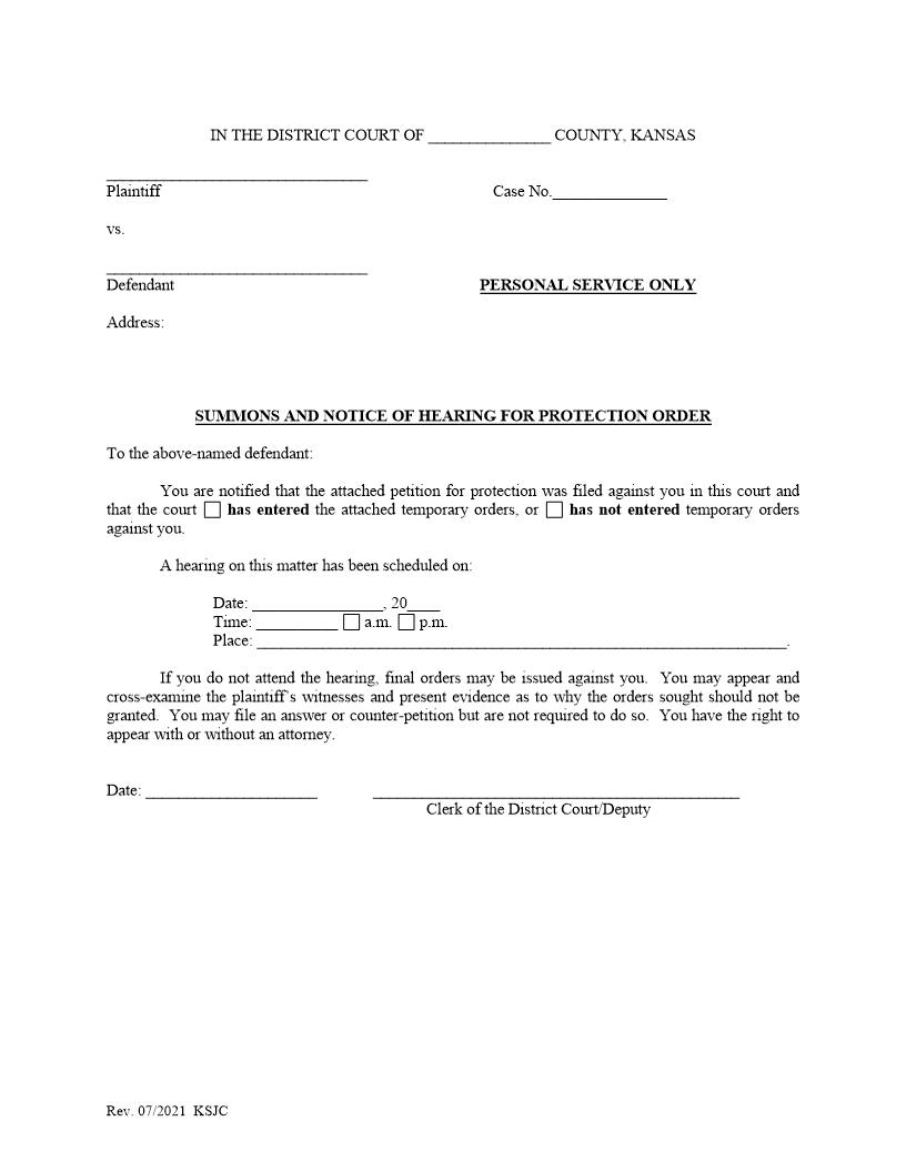 Summons And Notice Of Hearing For Protection Order | Pdf Fpdf Doc Docx | Kansas
