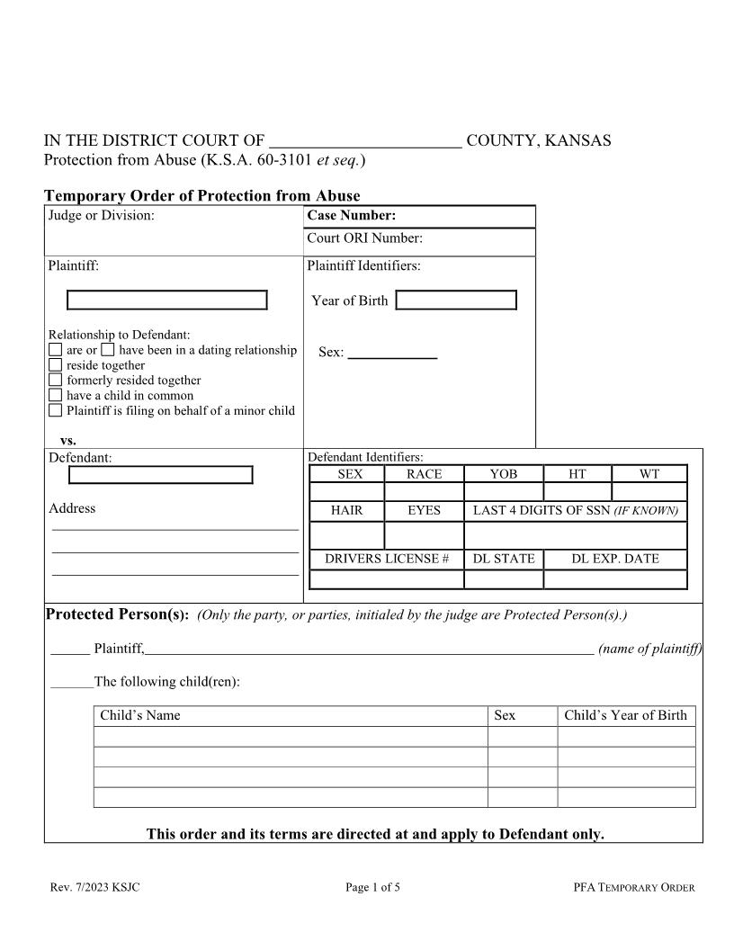 Temporary Order Of Protection From Abuse | Pdf Fpdf Docx | Kansas