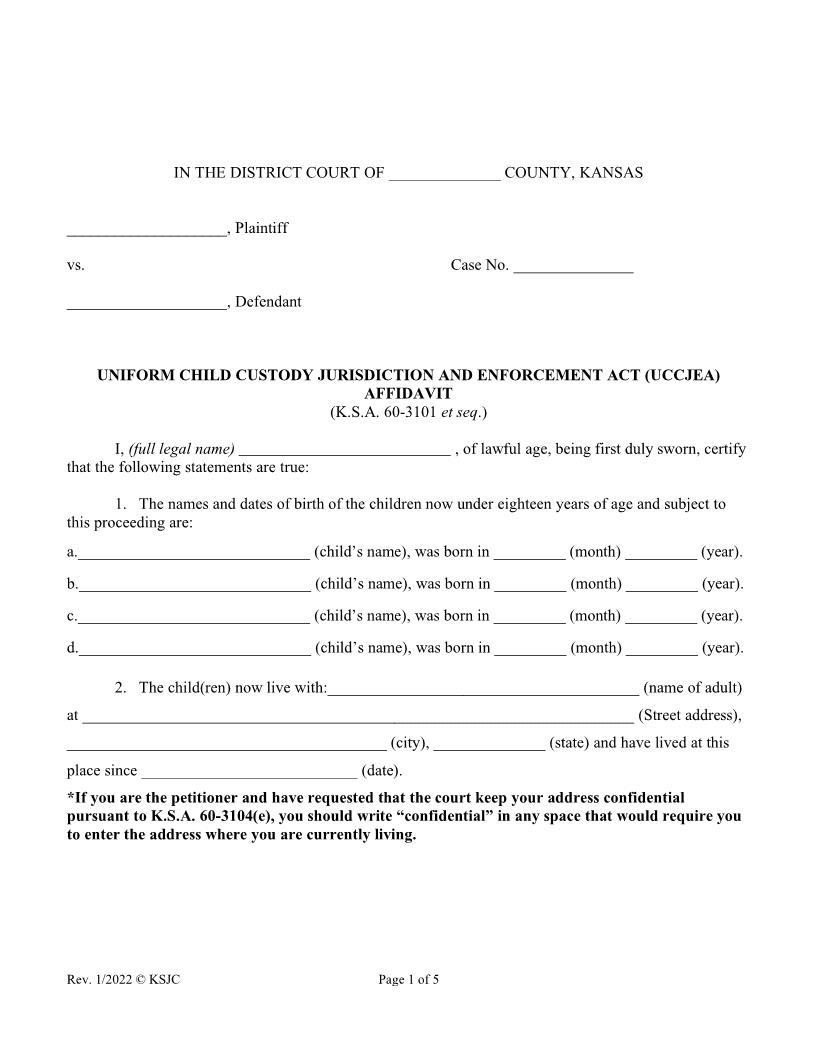 Uniform Child Custody Jurisdiction And Enforcement Act (UCCJEA) Affidavit | Pdf Fpdf Doc Docx | Kansas
