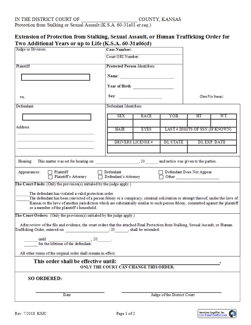 Extension Of Protection Order For Two Additional Years To Life | Pdf Fpdf Docx | Kansas