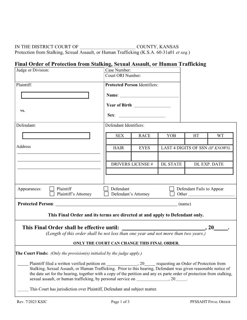 Final Order Of Protection From Stalking Or Sexual Assault | Pdf Fpdf Docx | Kansas